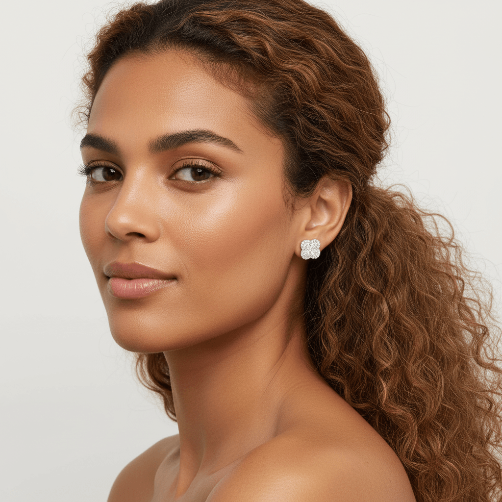 Halo Pave Clover Diamond Earrings Studs - alternate view