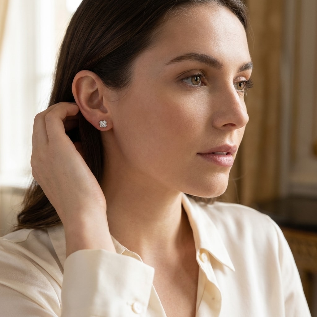 Halo_Pave_Clover_Diamond_Earrings_Studs_On_Model