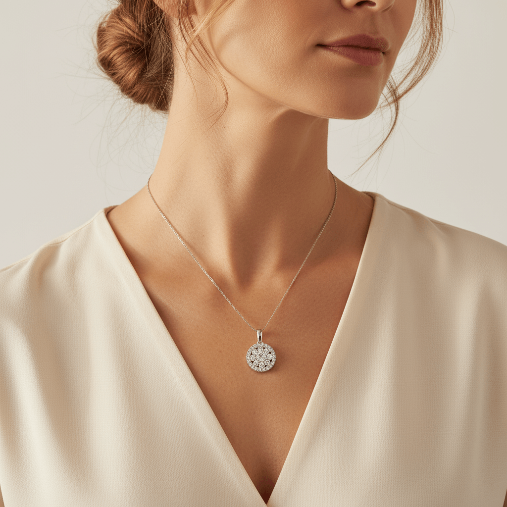 Halo_Pave_Set_Diamond_Necklace_On_Model_2