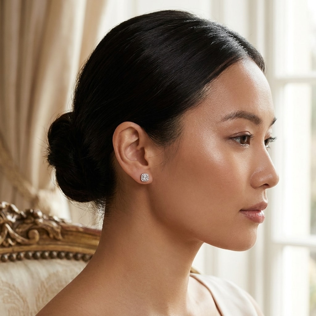 Halo_Round_And_Baguette_Cuts_Diamond_Earrings_Studs_On_Model_2