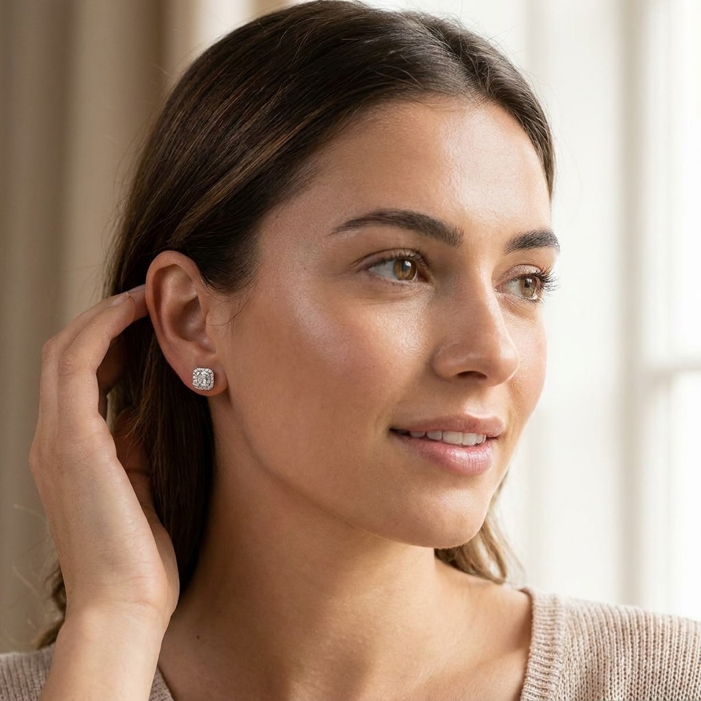 Halo_Round_And_Baguette_Cuts_Diamond_Earrings_Studs_On_Model
