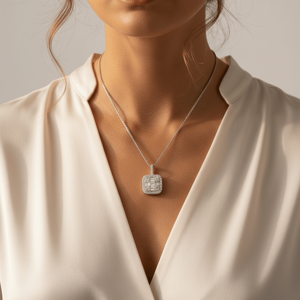 Halo_Round_Baguette_Cut_Diamond_Pendant_On_Model_2