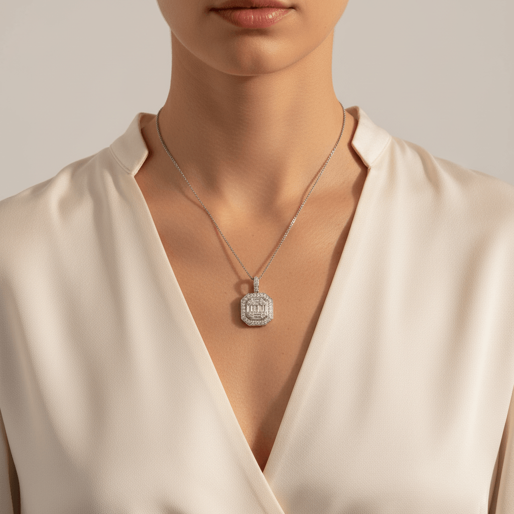 Halo_Round_Baguette_Cut_Diamond_Pendant_On_Model_2