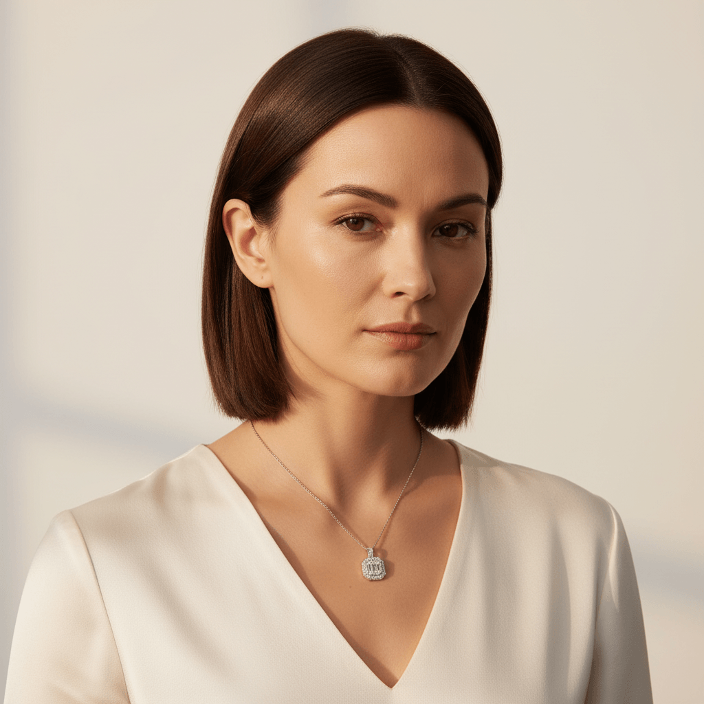 Halo_Round_Baguette_Cut_Diamond_Pendant_On_Model