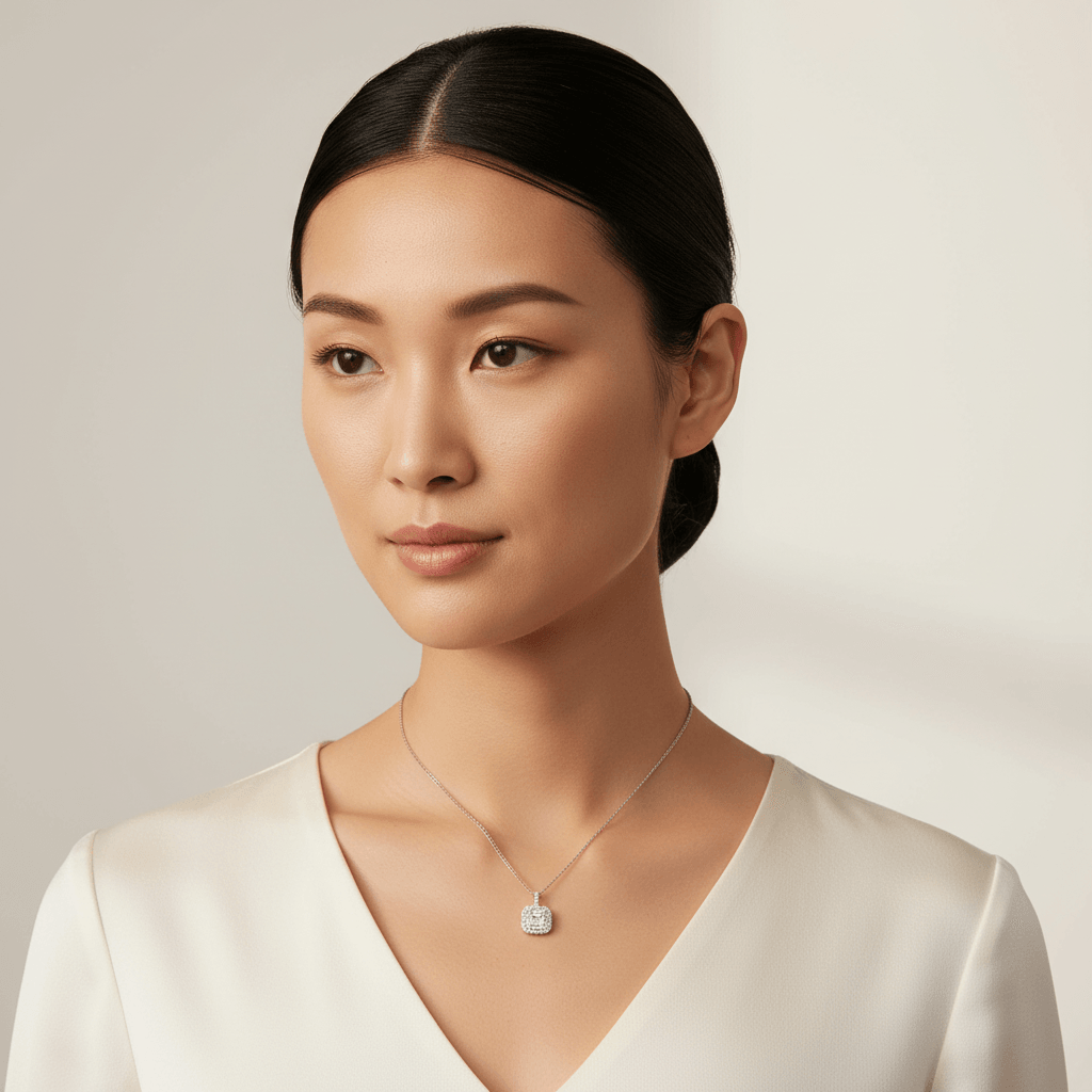 Halo_Round_Baguette_Cut_Diamond_Pendant_On_Model