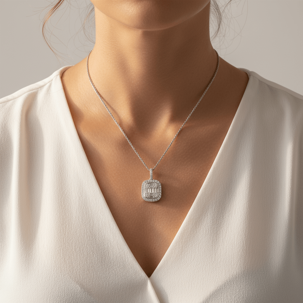 Halo_Round_Baguette_Cuts_Diamond_Pendant_On_Model_2