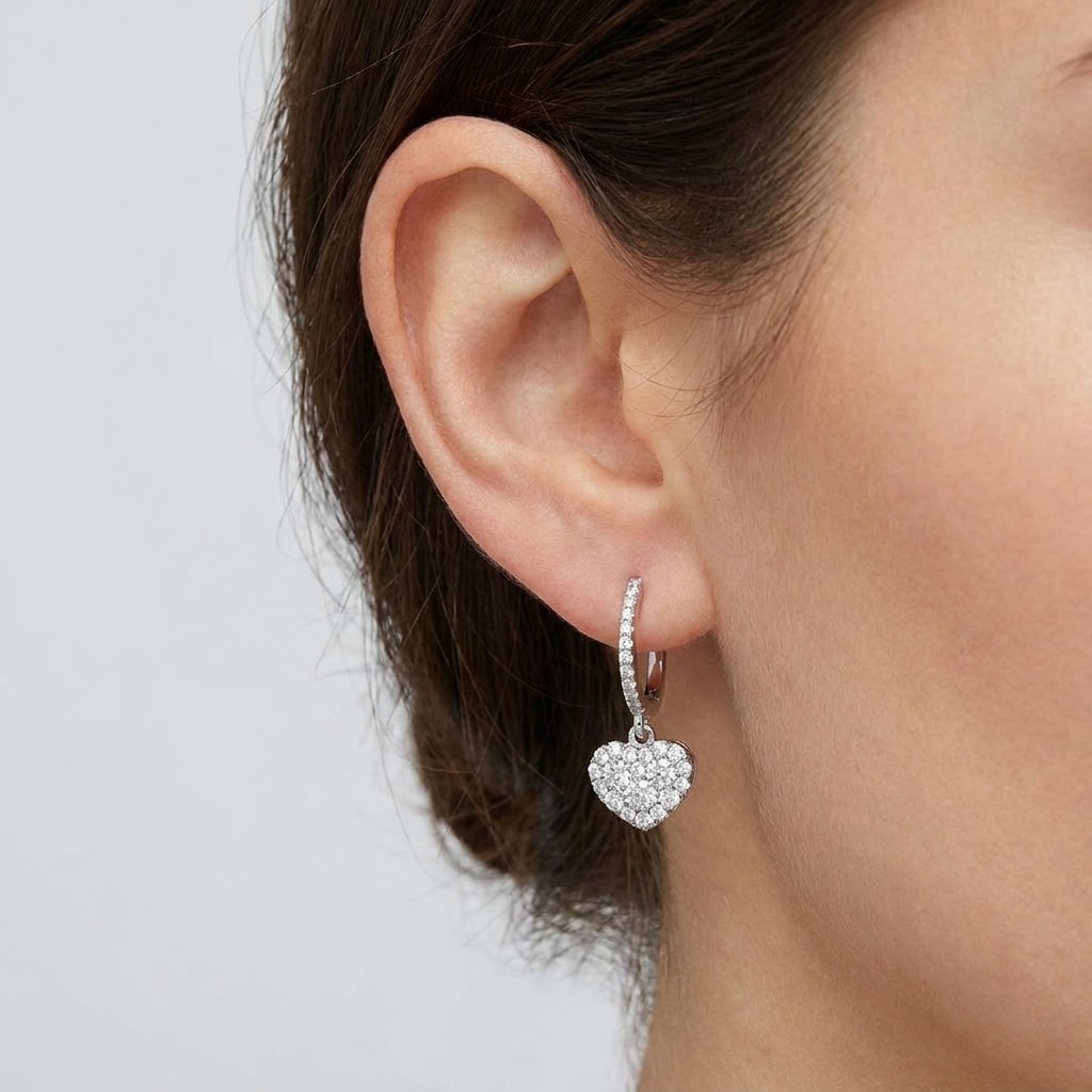 Heart_Shape_Micro_Set_Drop_Hoops_Diamond_Earrings_On_Model