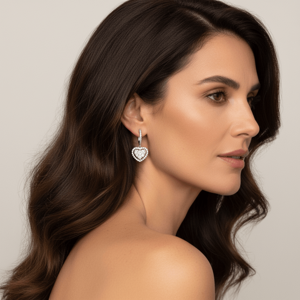 Heart_Shape_Open_Halo_Drop_Hoops_Diamond_Earrings_On_Model_2