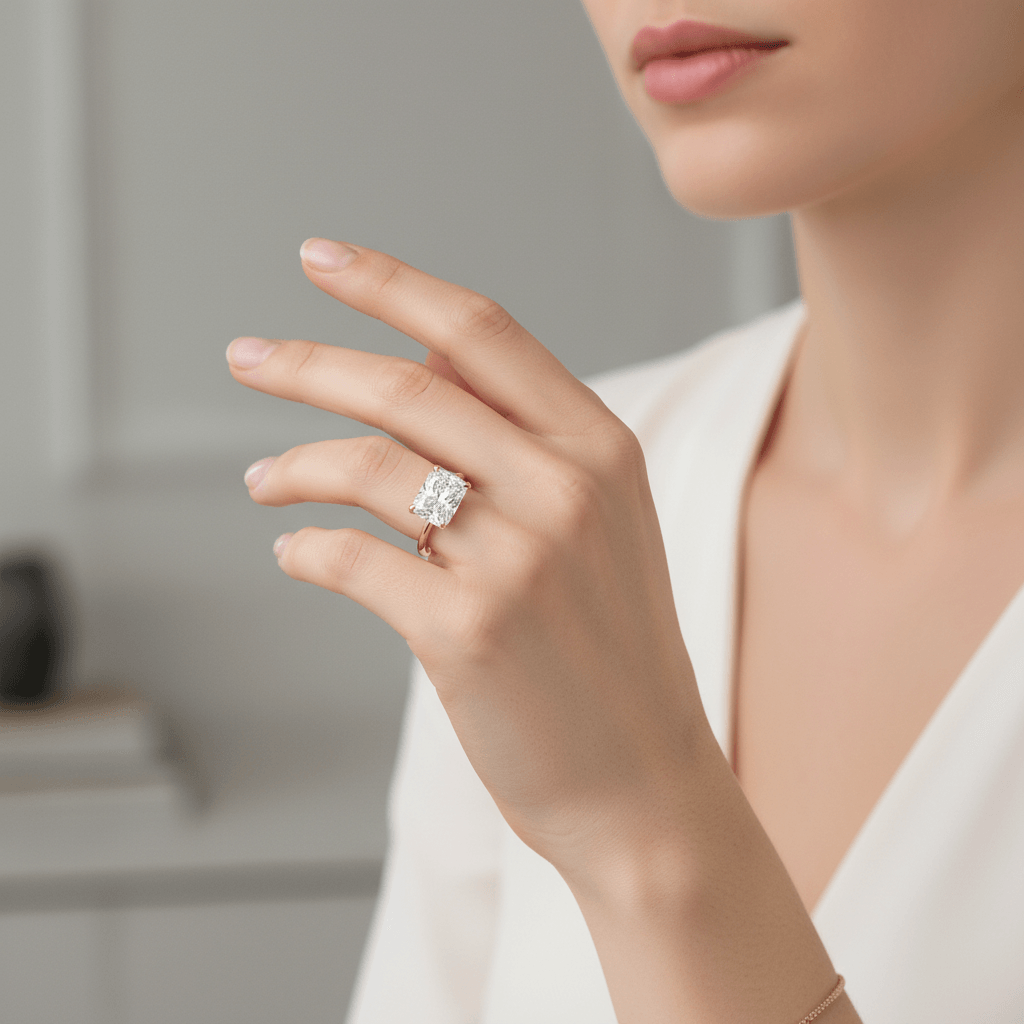 Horizontal Radiant Cut Solitaire Lab Grown Yellow Gold Diamond Engagement Ring On Hand
