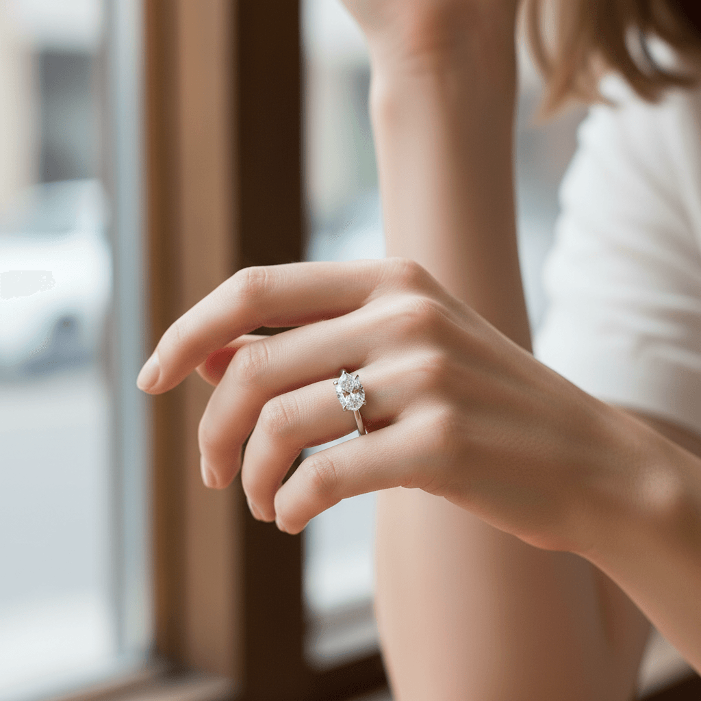 Horizontal Solitaire Pear Shape Diamond Engagement Ring On Hand