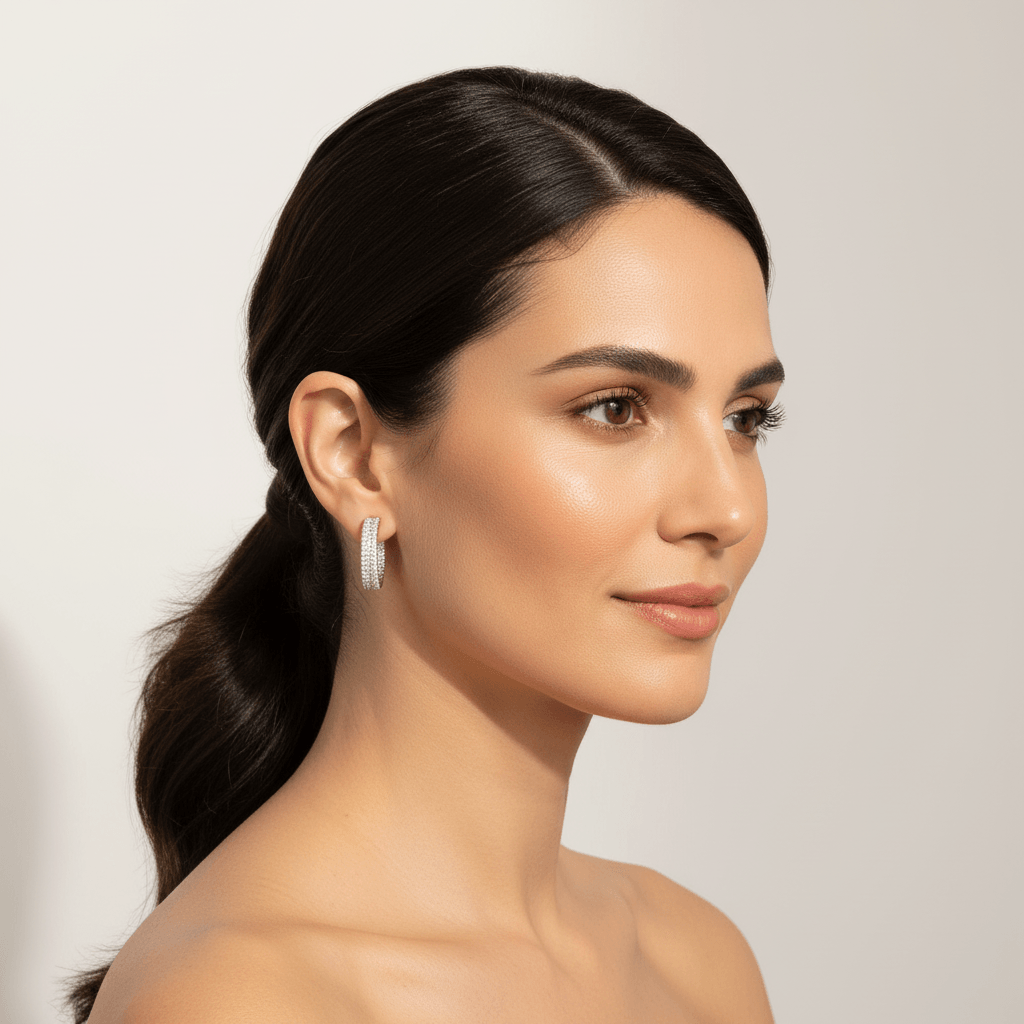 In_and_Out_Princess_Cut_Three_Row_Diamonds_Hoop_Earrings_On_Model_2
