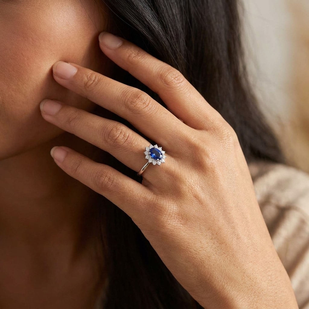 Kate Middleton Blue Sapphire Cluster Engagement Ring On Hand