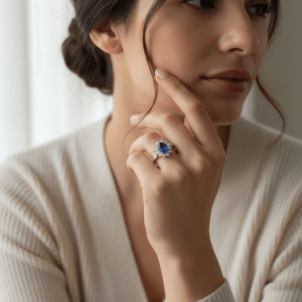 Kate_Middleton_Blue_Sapphire_Cluster_Engagement_Ring_On_Model