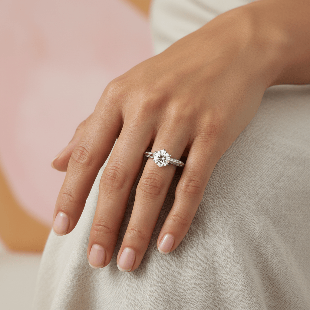 Knife_Edge_Bridge_Pave_Set_Round_Diamond_Engagement_Ring_On_Hand