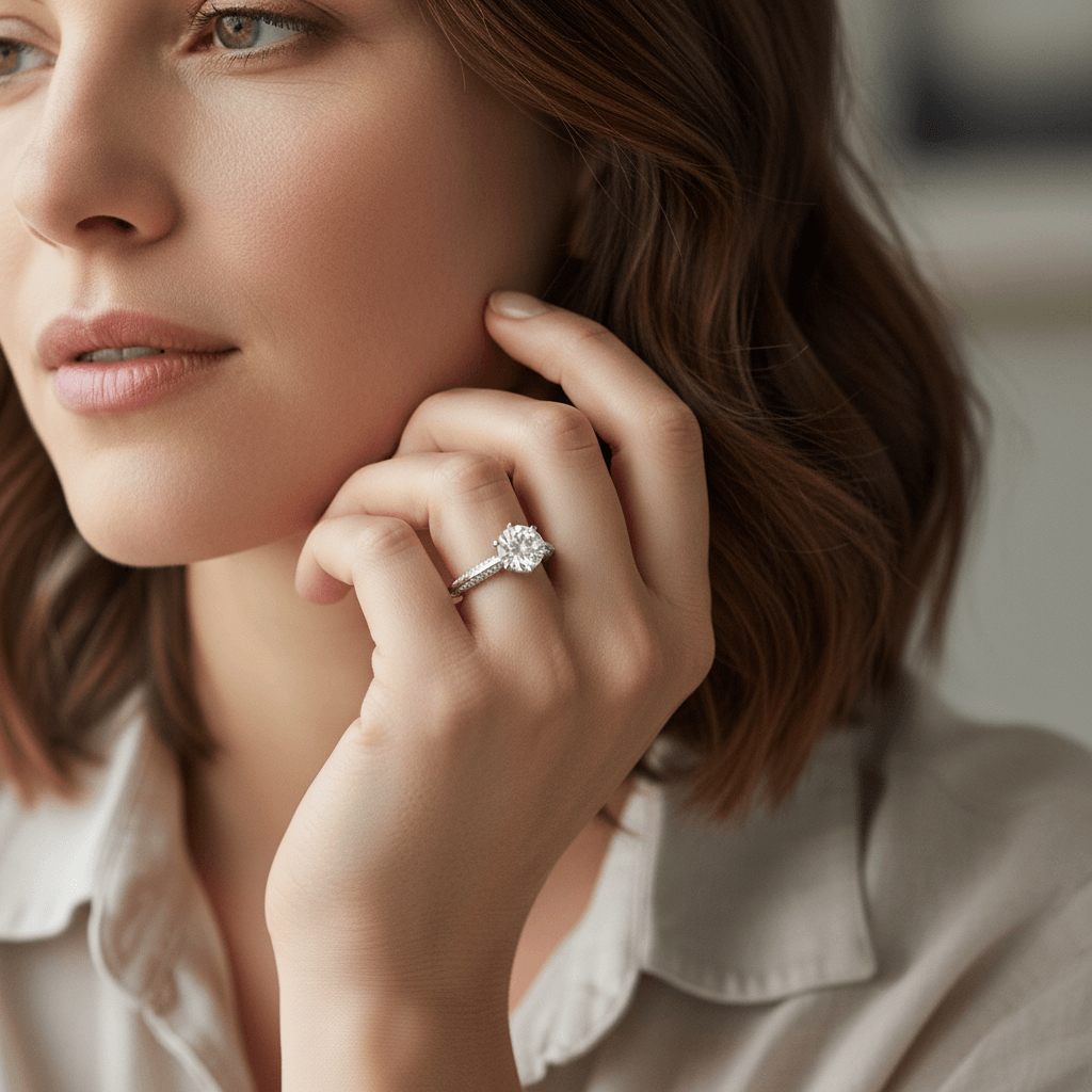 Knife_Edge_Bridge_Pave_Set_Round_Diamond_Engagement_Ring_On_Model