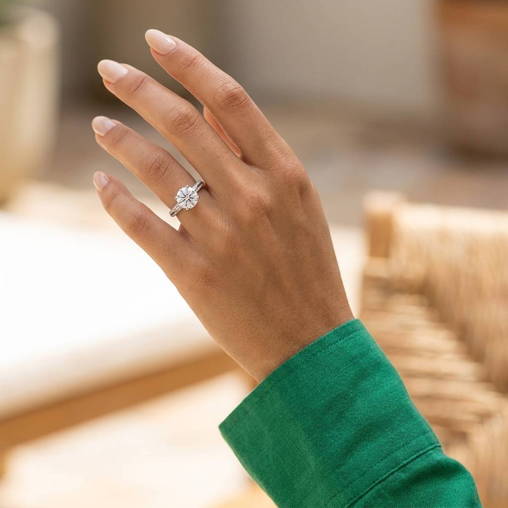 Knife Edge Bridge Pave Set Round Diamond Engagement Ring On Hand