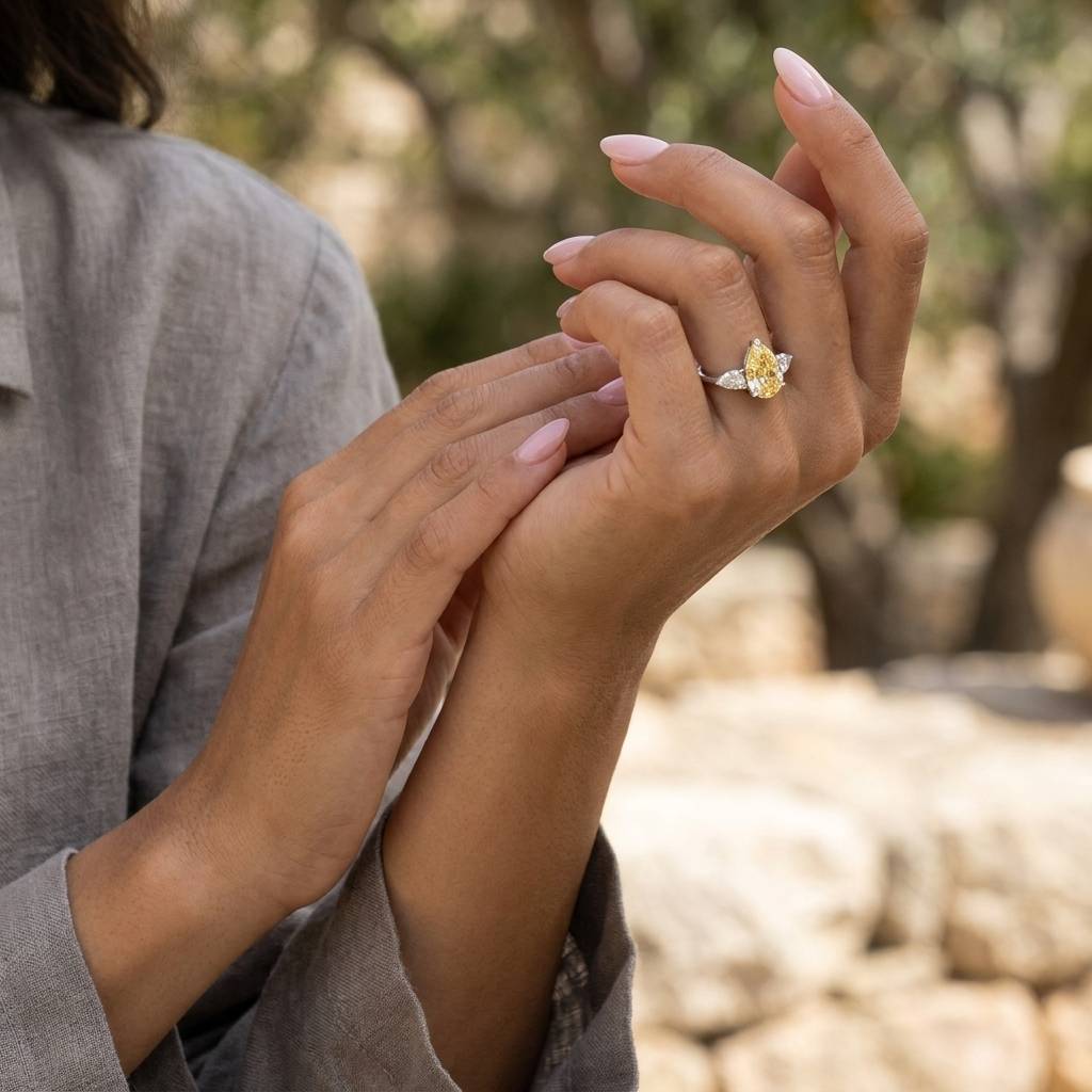 Lab-Grown Platinum Diamond Pear Trilogy Engagement Ring On Hand