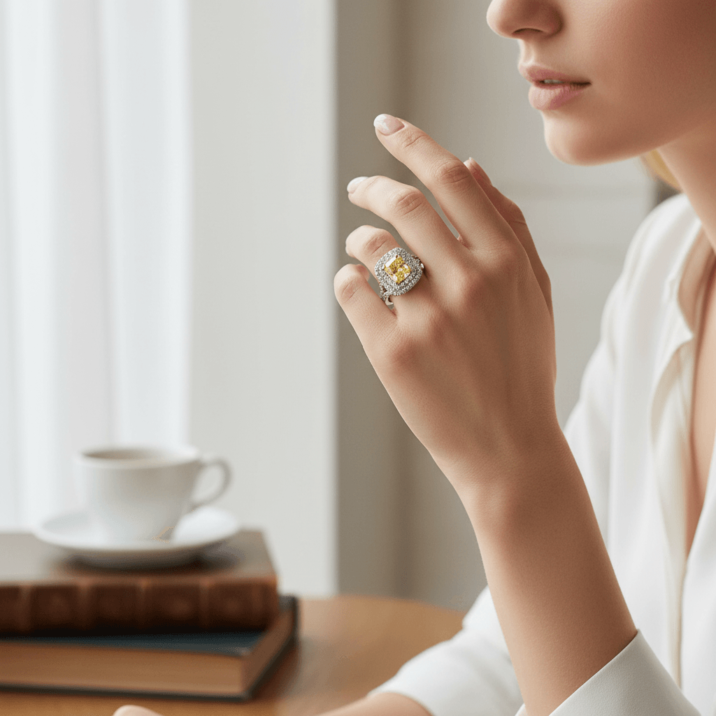 LabGrown_Yellow_Cushion_Diamond_Double_Halo_Engagement_Ring_On_Hand