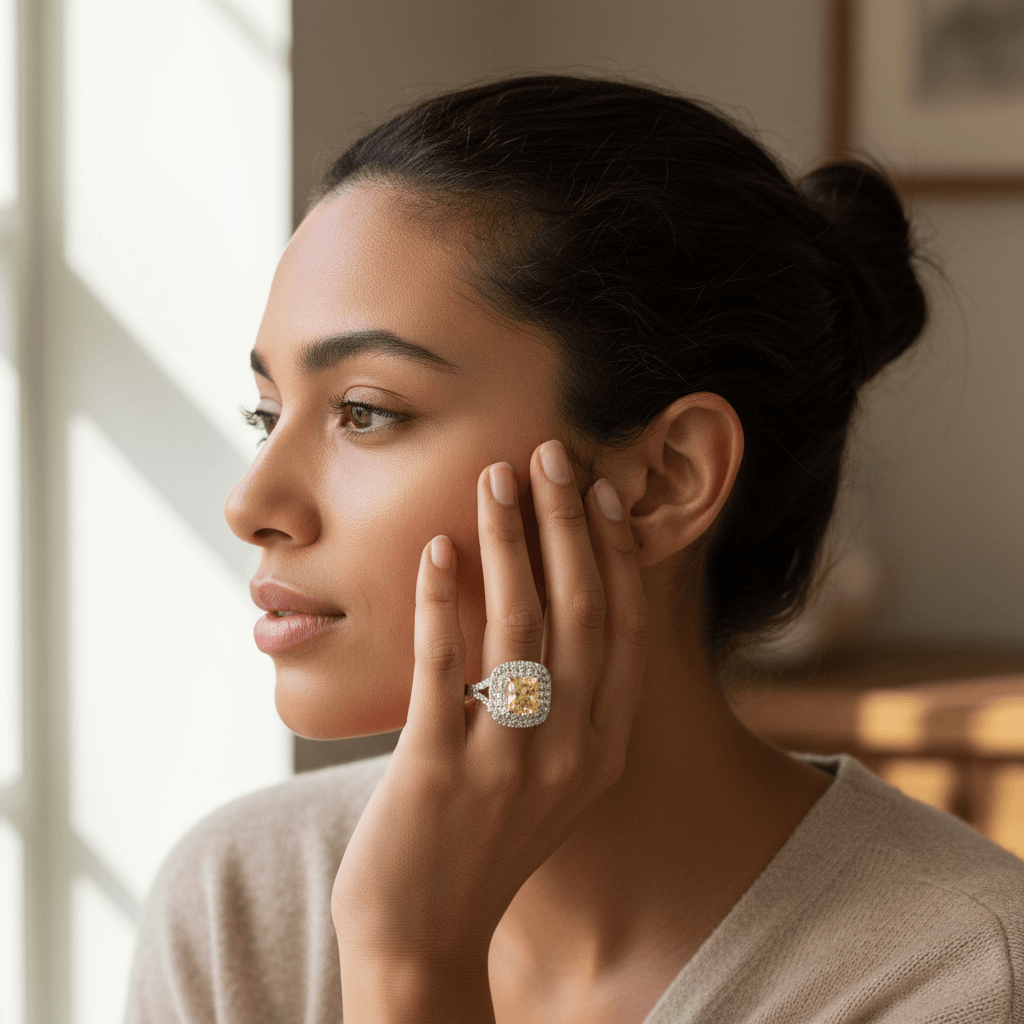 LabGrown_Yellow_Cushion_Diamond_Double_Halo_Engagement_Ring_On_Model