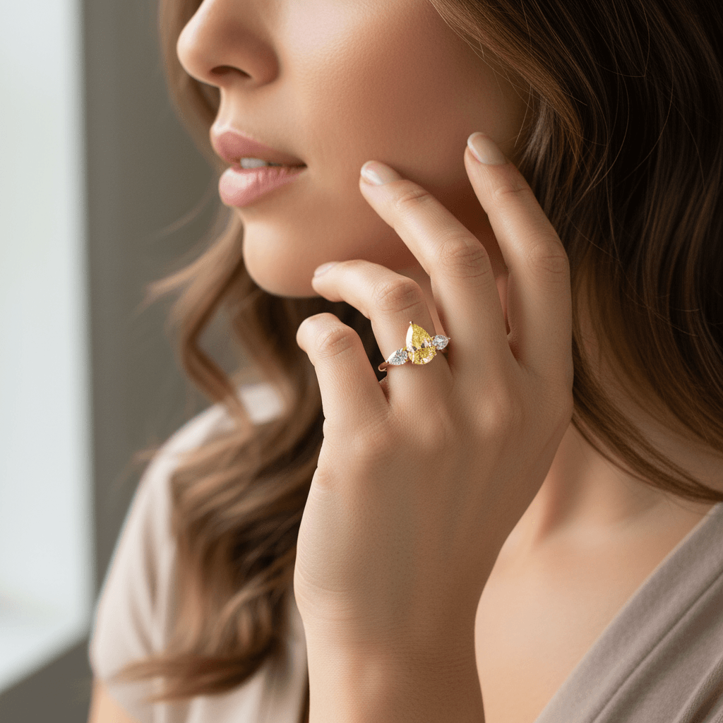 LabGrown_Yellow_Diamond_Pear_Trilogy_Engagement_Ring_On_Model