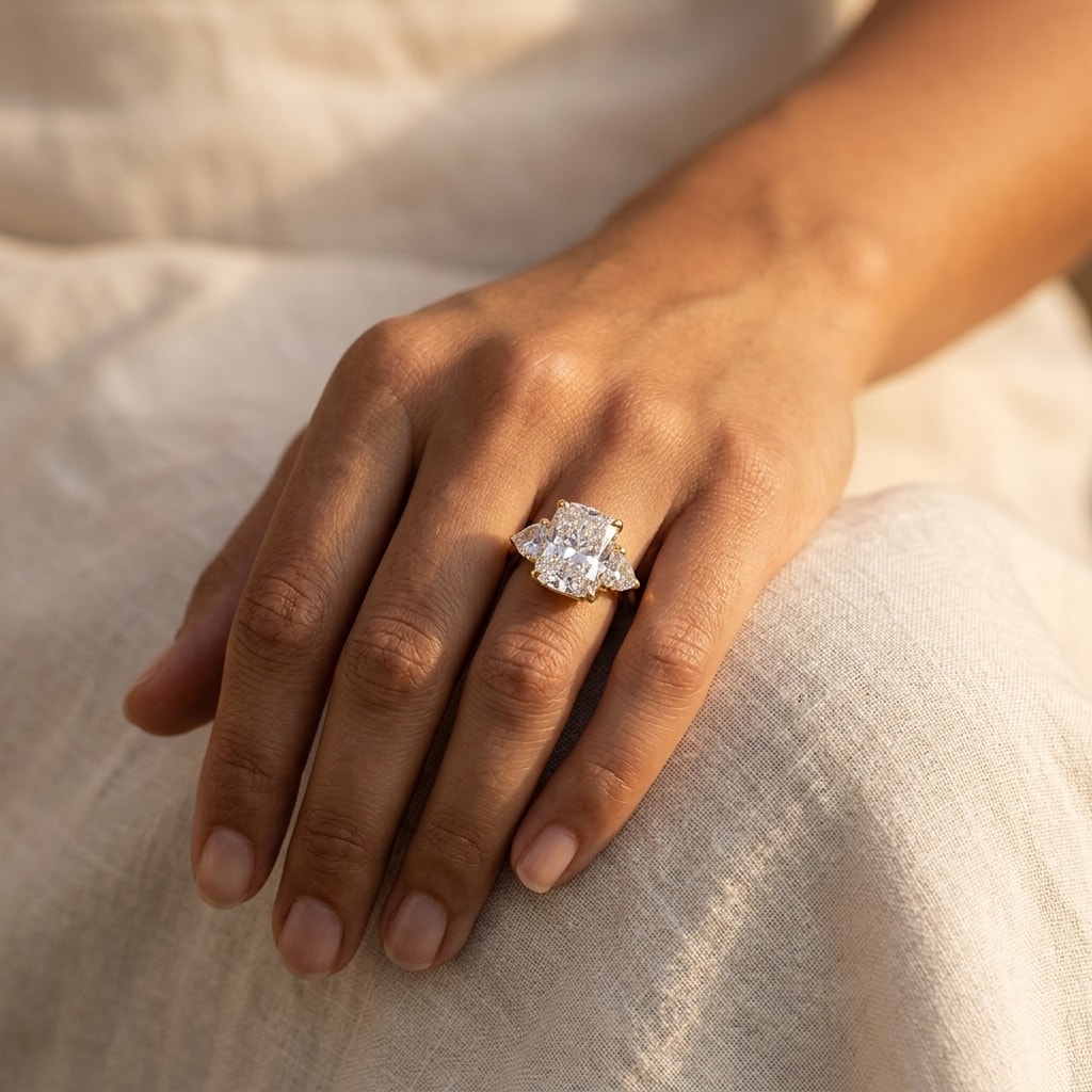 Lab_Grown_Elongated_Cushion_and_Trillion_Side_Stone_Trilogy_Engagement_Ring_On_Hand