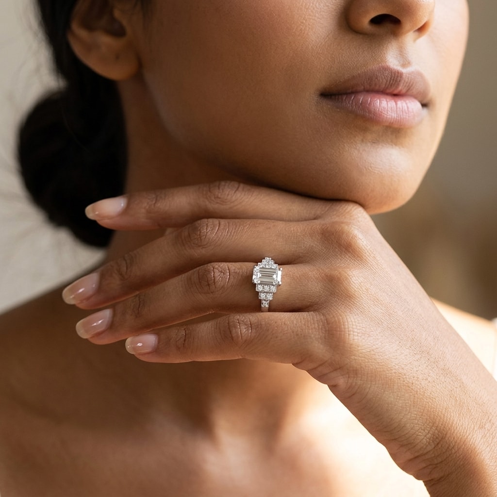 Lab_Grown_Emerald_Cut_Art_Deco_Diamond_Engagement_Ring_On_Model