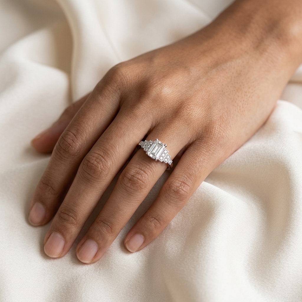 Lab_Grown_Emerald_Cut_Art_Deco_Diamond_Engagement_Ring_On_Hand