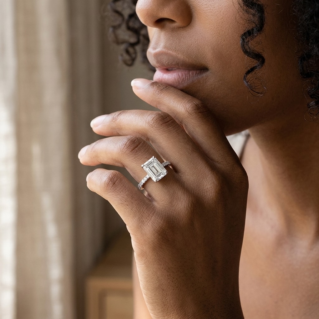 Lab_Grown_Emerald_Cut_Shoulder_Set_Diamond_Engagement_Ring_On_Model