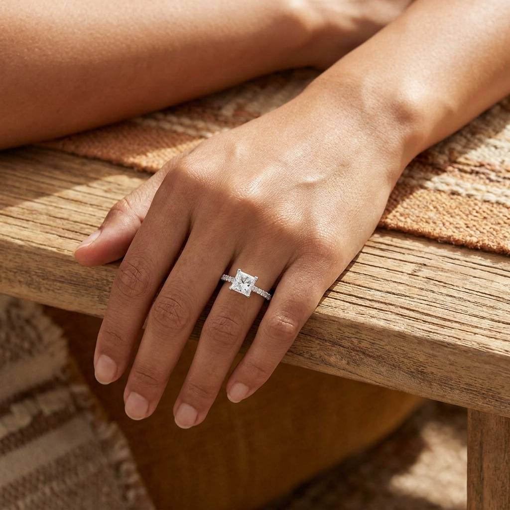Lab_Grown_Princess_Cut_Contemporary_Engagement_Ring_On_Hand