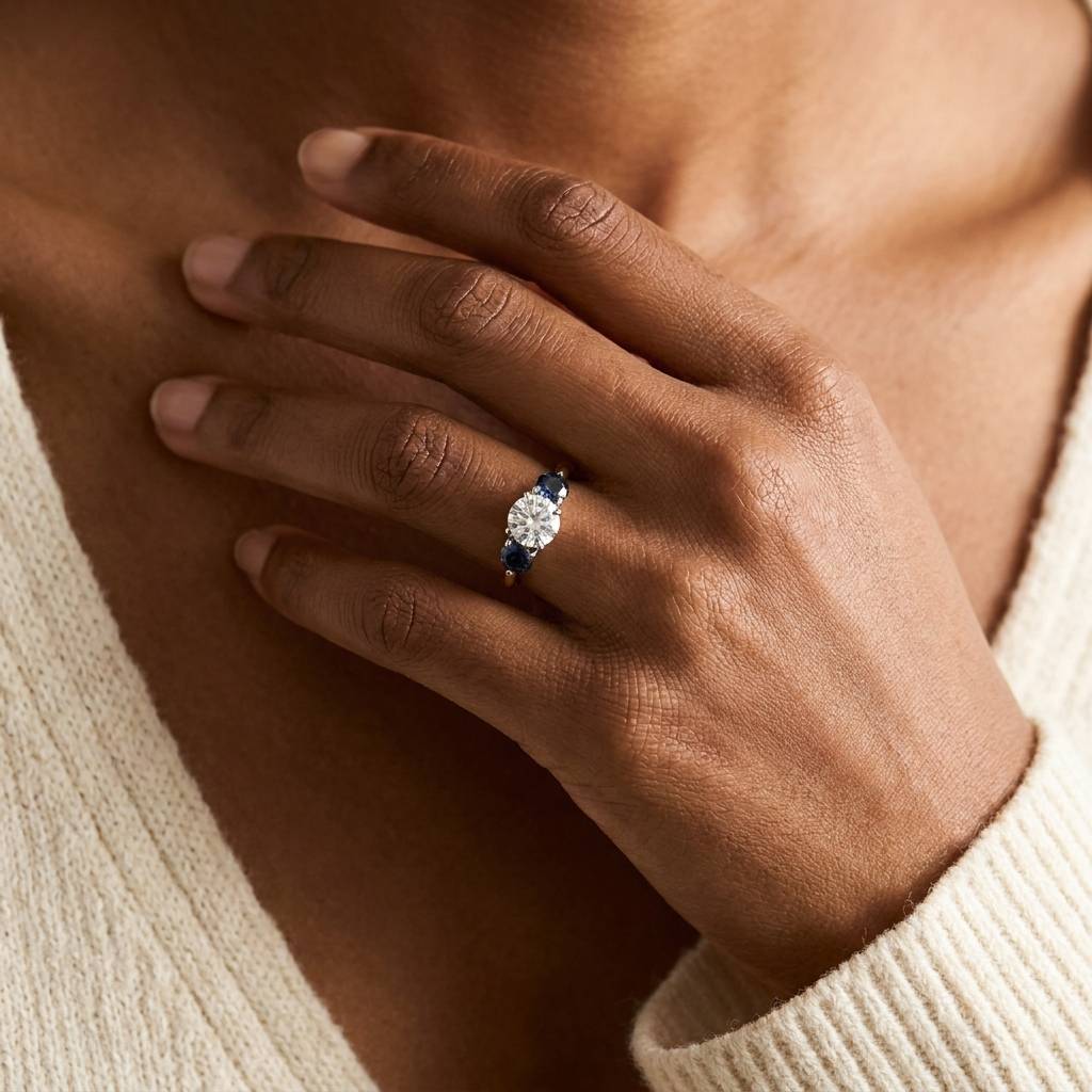 Lab_Grown_Round_Diamond_And_Teal_Sapphires_Trilogy_Engagement_Ring_On_Hand