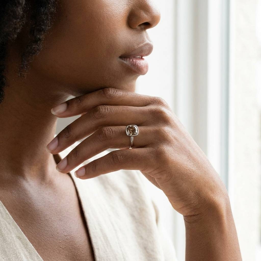 Lab_Grown_Yellow_Brownish_Cushion_Platinum_Diamond_Engagement_Ring_On_Model
