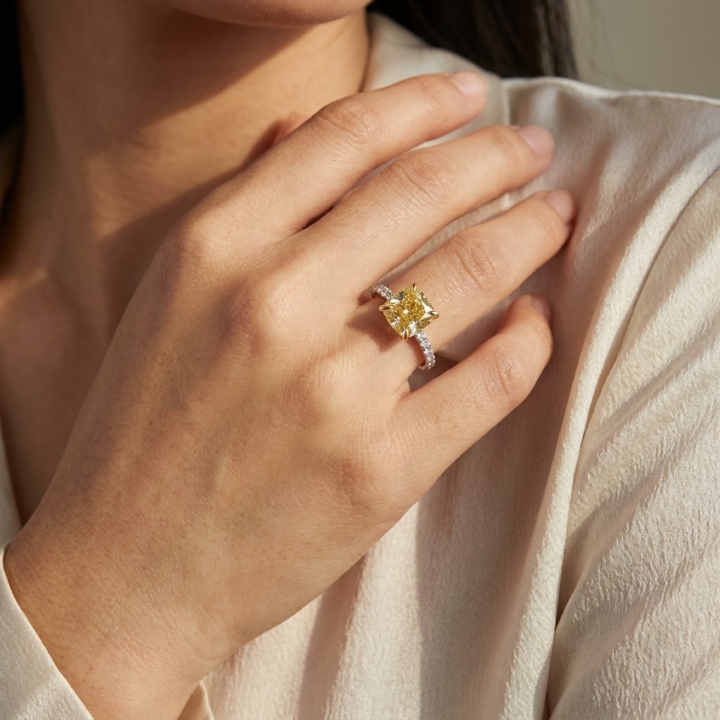 Lab_Grown_Yellow_Diamond_Cushion_Micro_Setting_Engagement_Ring_On_Hand