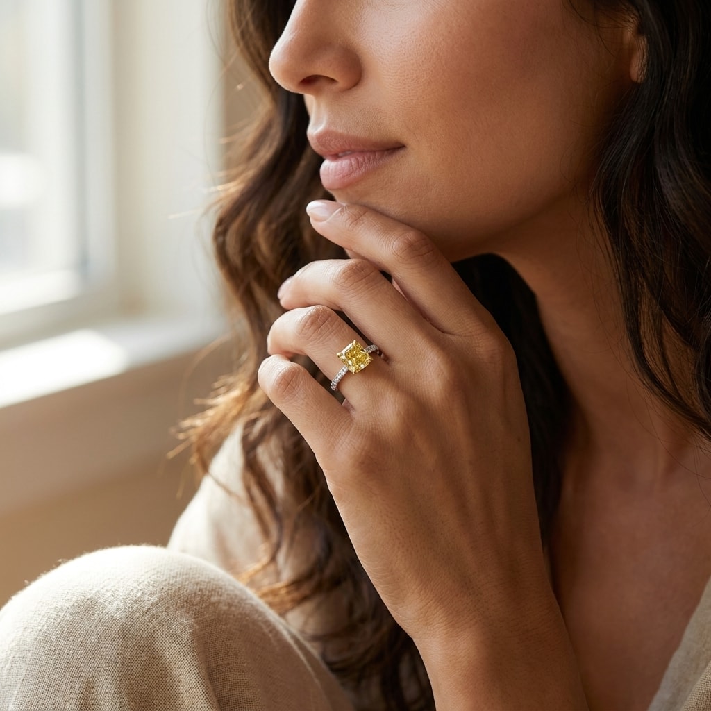 Lab_Grown_Yellow_Diamond_Cushion_Micro_Setting_Engagement_Ring_On_Model