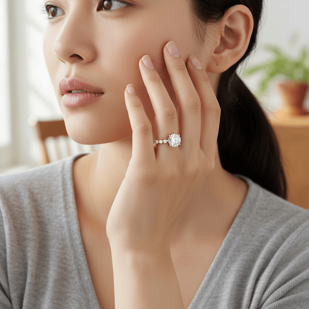 Lab_Grown_Yellow_Gold_Round_Cut_Shoulder_Set_Diamond_Engagement_Ring_On_Model