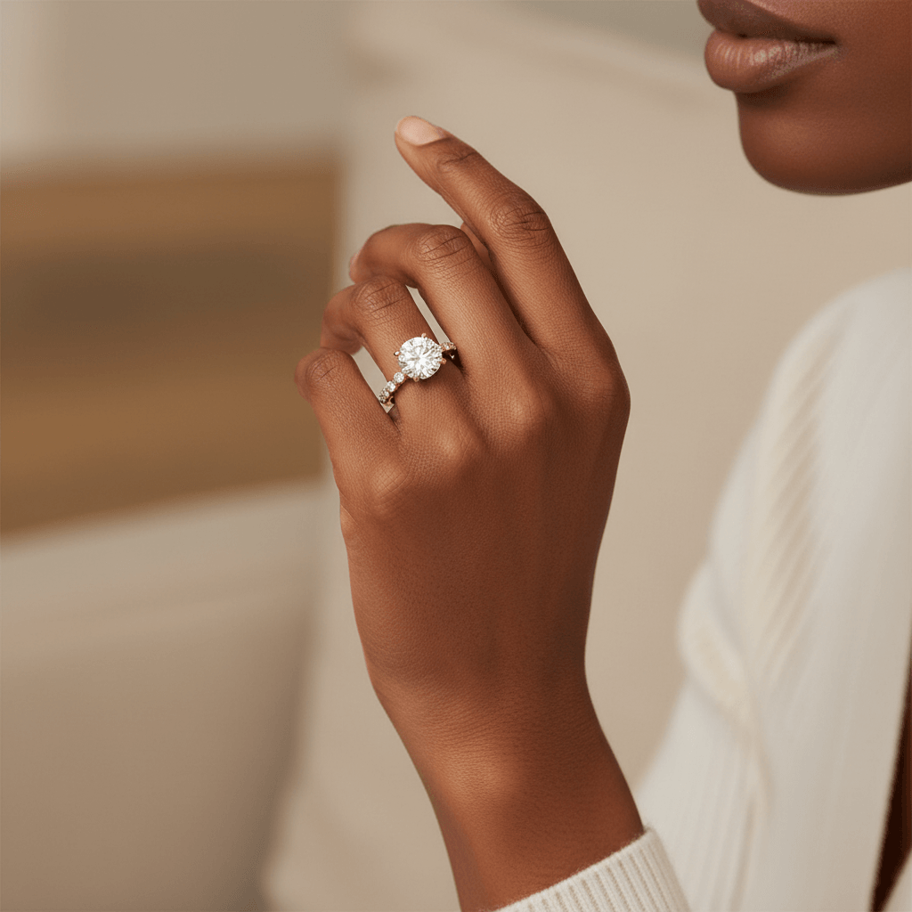 Lab_Grown_Yellow_Gold_Round_Cut_Shoulder_Set_Diamond_Engagement_Ring_On_Hand