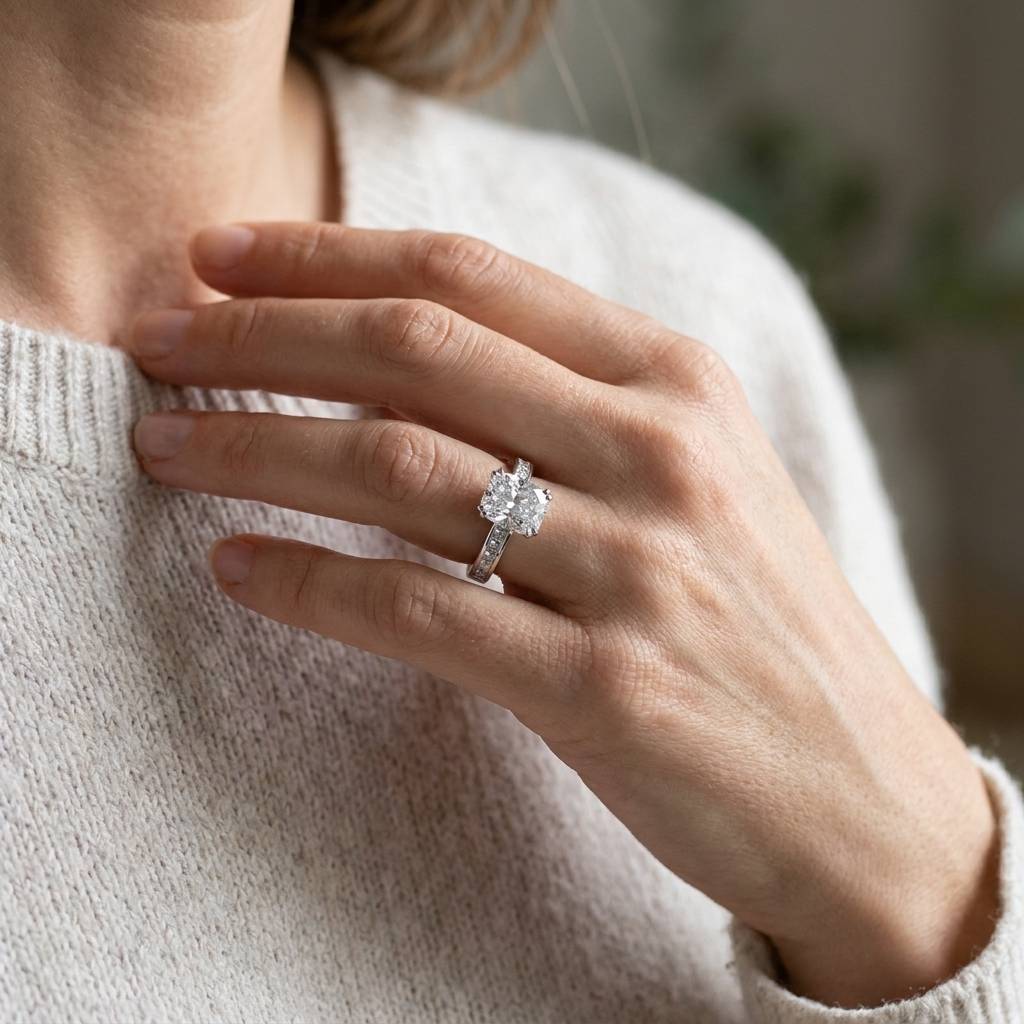 Large_Cushion_Cut_Channel_Set_Princess_Band_Diamond_Engagement_Ring_On_Hand