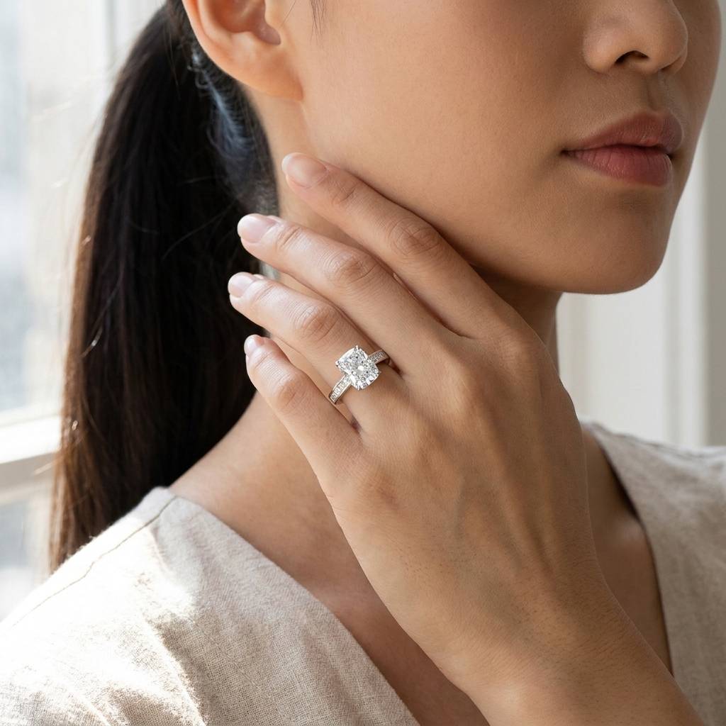 Large_Cushion_Cut_Channel_Set_Princess_Band_Diamond_Engagement_Ring_On_Model