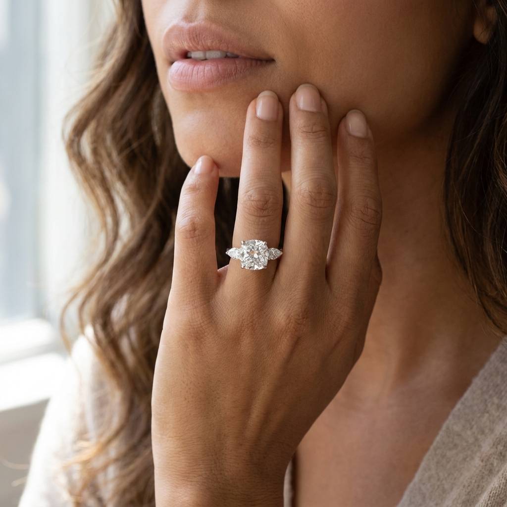 Large_Cushion_Shape_Pear_Side_Stones_Lab_Grown_Diamond_Engagement_Ring_On_Model