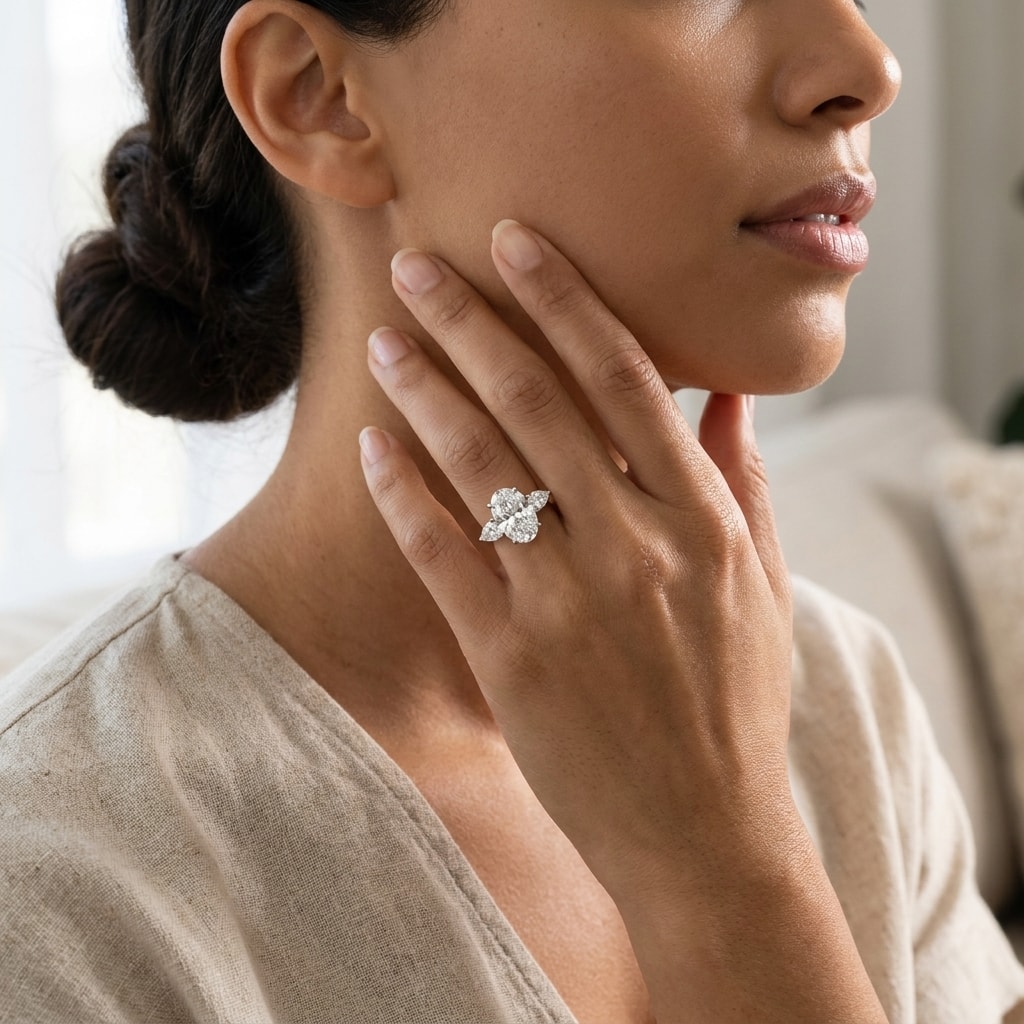 Large_Oval_Shape_Pear_Side_Stones_Diamond_Engagement_Ring_On_Model