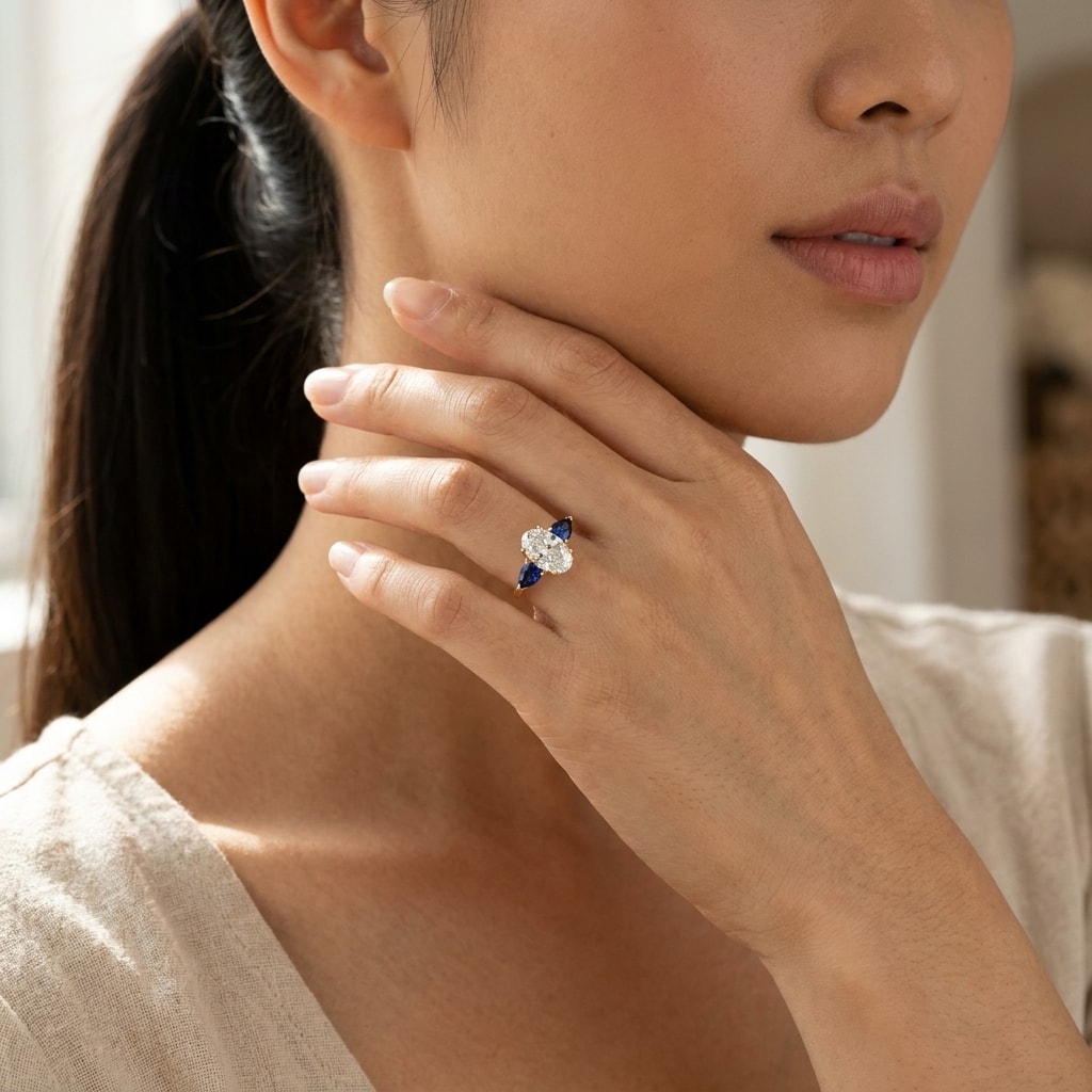 Large Oval Shape Sapphire Pear Side Stones Diamond Engagement Ring - alternate view