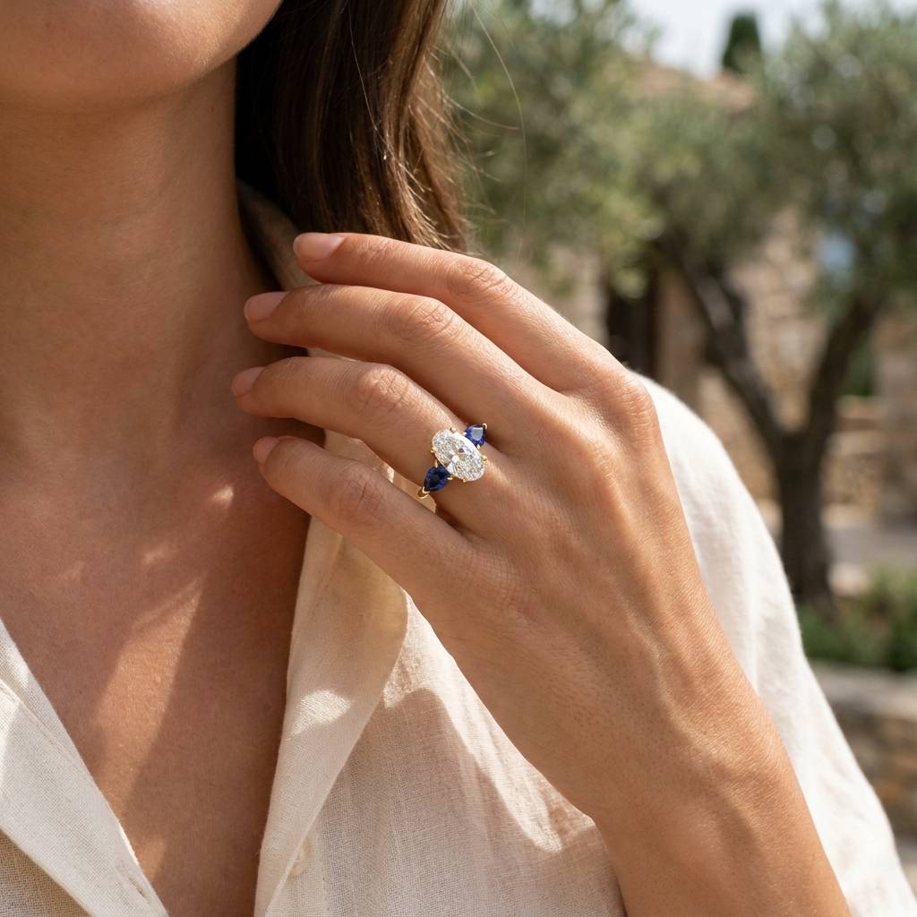 Large_Oval_Shape_Sapphire_Pear_Side_Stones_Lab_Grown_Diamond_Engagement_Ring_On_Hand