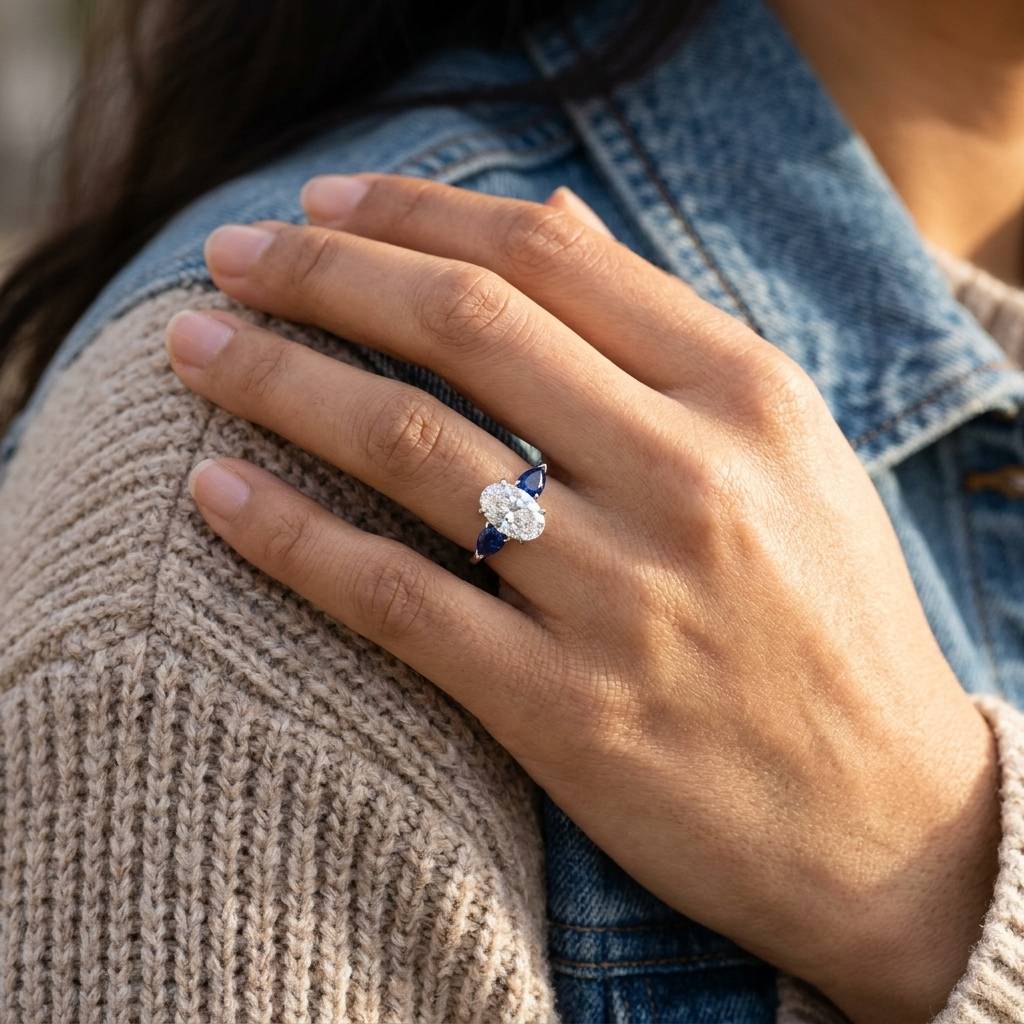 Large_Oval_Shape_Sapphire_Pear_Side_Stones_Lab_Grown_Platinum_Diamond_Engagement_Ring_On_Hand