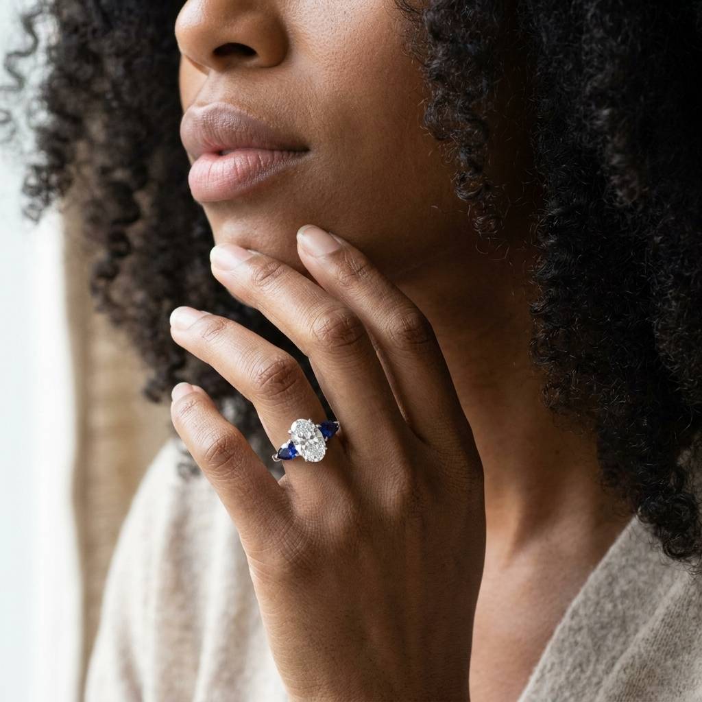Large_Oval_Shape_Sapphire_Pear_Side_Stones_Lab_Grown_Platinum_Diamond_Engagement_Ring_On_Model