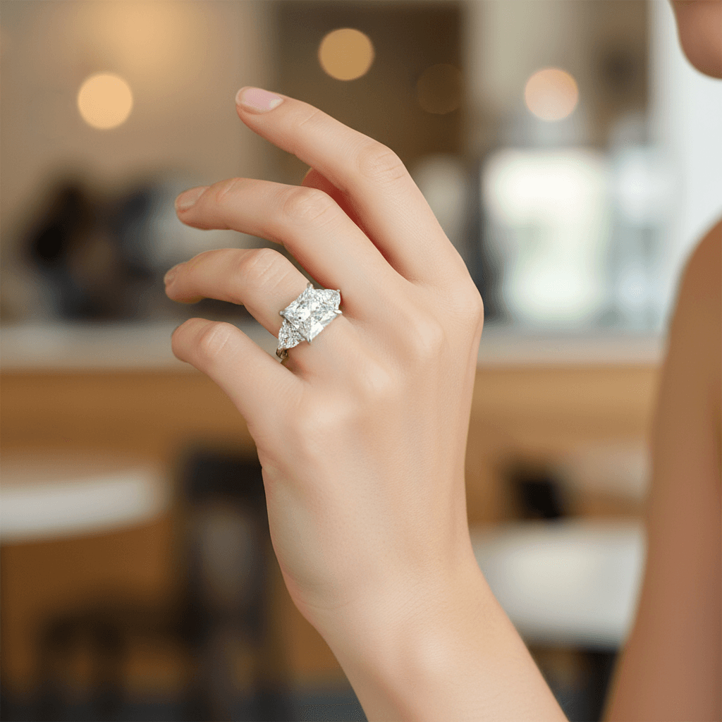 Large Princess Cut Trilliant Trilogy Engagement Ring On Model