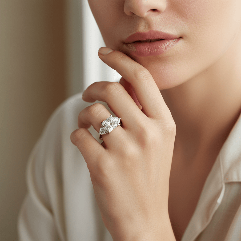 Large Princess Cut Trilliant Trilogy Engagement Ring On Model