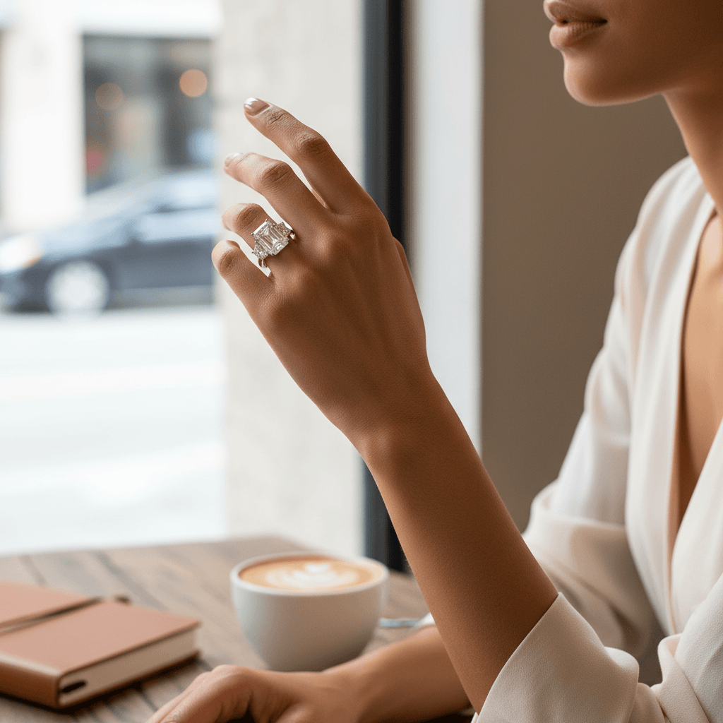 Large_Radiant_Cut_Trapezoids_Trilogy_Lab_Grown_Diamond_Engagement_Ring_On_Hand