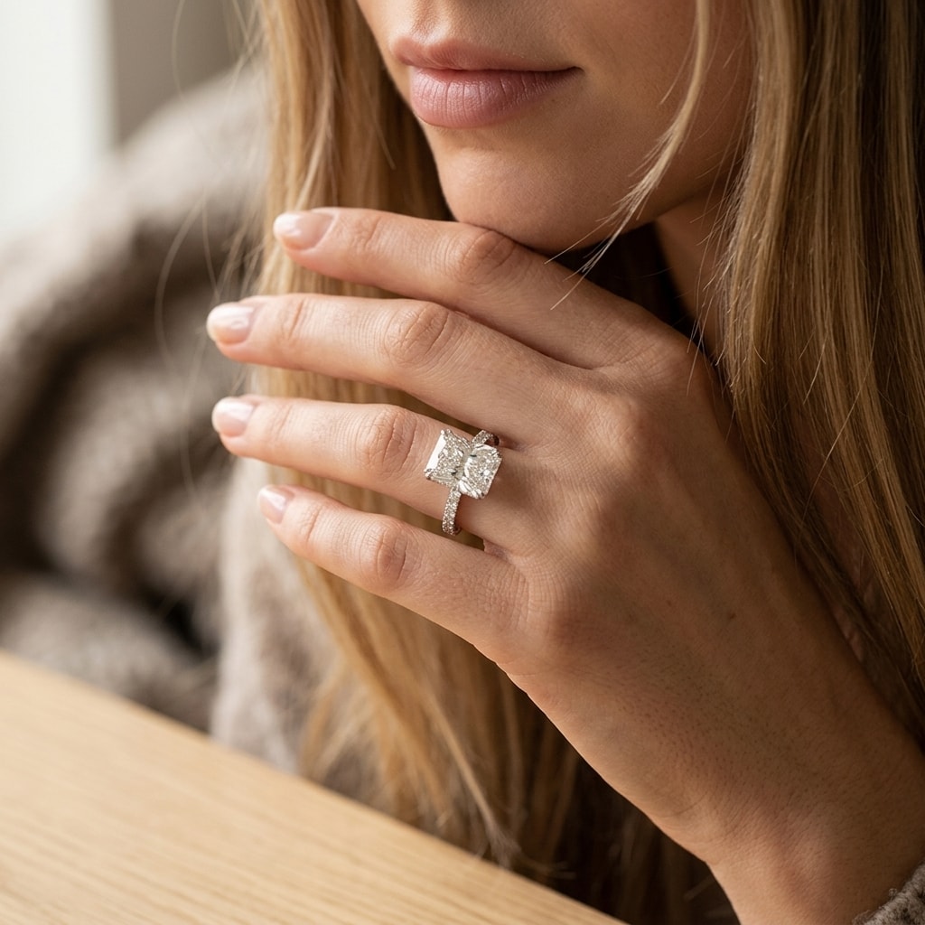 Large_Radiant_Shape_Lab_Grown_Diamond_Engagement_Ring_On_Model