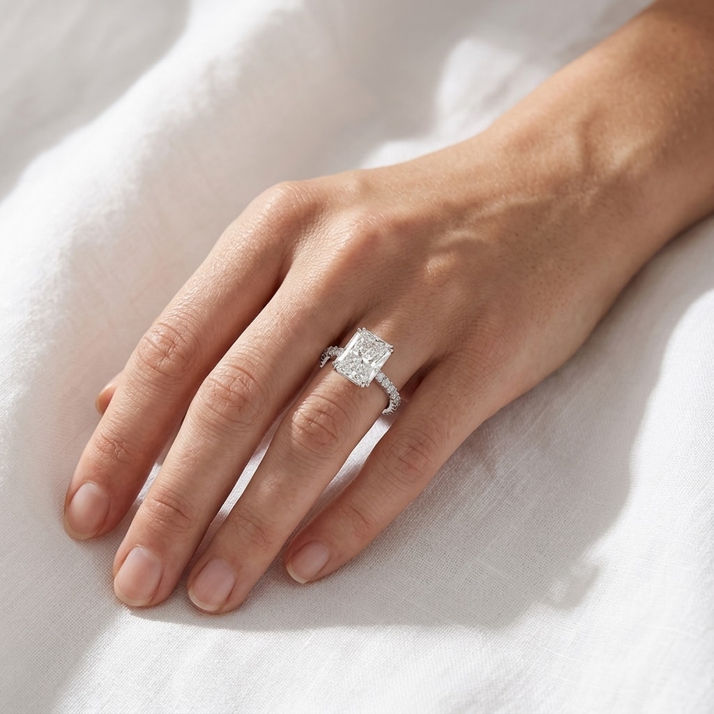 Large_Radiant_Shape_Lab_Grown_Diamond_Engagement_Ring_On_Hand
