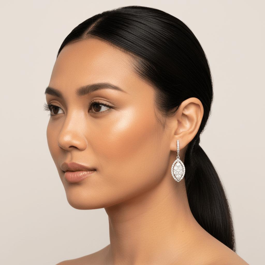 Leaf_Shape_Open_Halo_Pave_Drop_Hoops_Diamond_Earrings_On_Model_2