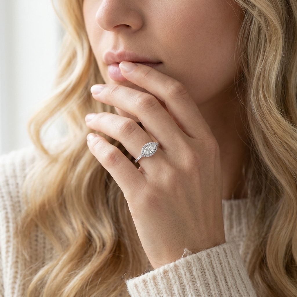 Marquise Cut Horizontal Diamond Halo Engagement Ring - alternate view
